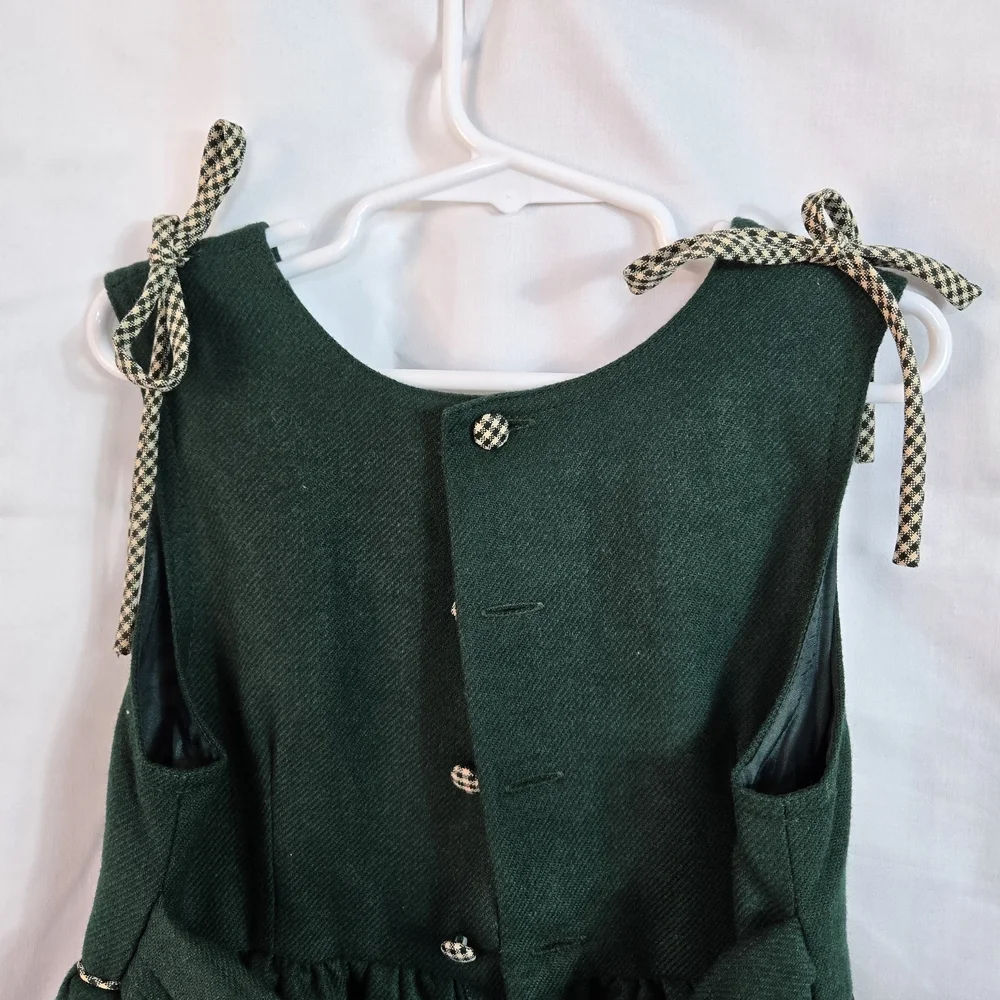 Pamela Chicas Girls Green Sleeveless Heart Gingham Accent Wool Dress 5 Vtg Spain
